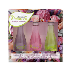 Estojo C/ 3 Colônias – Seivas da Natureza 60ml cada – Buquê de Rosas, Lavanda e Flor de Jasmim Aromatica