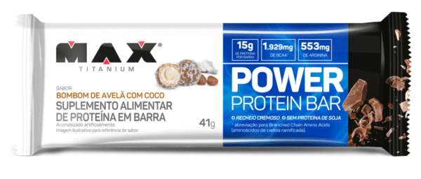 Power Protein Bar Bombom de Avelã com Coco Caixa C/12X41g Max Titanium - Imagem 2